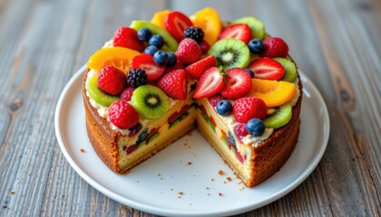 Sliced Fruit Cake A cake layered with various slices of fresh fruits, showcasing colorful and healthy ingredients.