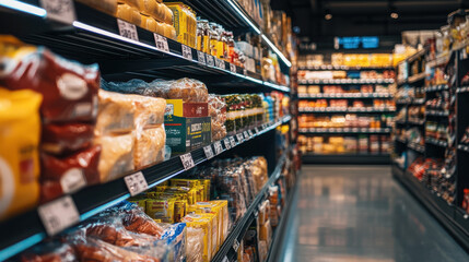 A grocery store aisle filled with various packaged food products.