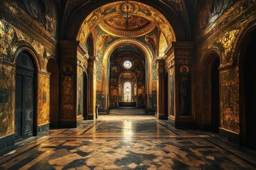 Ornate hallway with arches columns and marble floor leading to