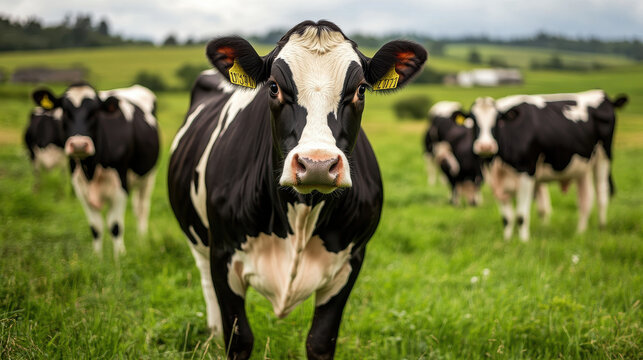 A group of black and white cows grazing in a lush green field under a cloudy sky.