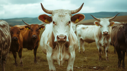 A group of cows in a grassy field, with one prominently in the foreground.