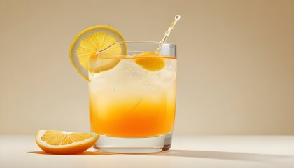 Fototapeta premium A studio shot features a clear glass filled with a vibrant orange liquid, topped with a slice of lemon