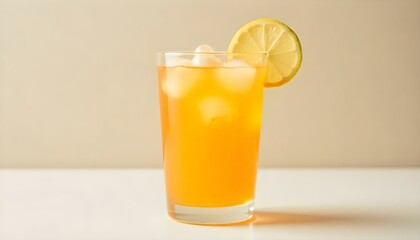 A studio shot features a clear glass filled with a vibrant orange liquid, topped with a slice of lemon