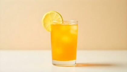 A studio shot features a clear glass filled with a vibrant orange liquid, topped with a slice of lemon