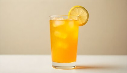 A studio shot features a clear glass filled with a vibrant orange liquid, topped with a slice of lemon