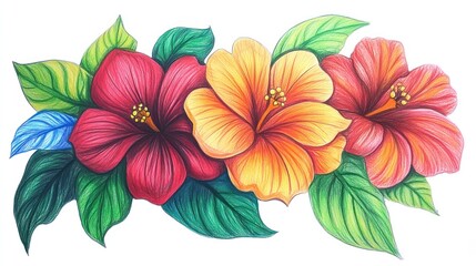 Colorful hibiscus flowers bouquet, floral design, artistic illustration, use for greeting cards or prints
