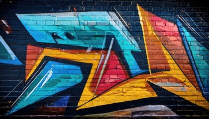  Abstract urban street art graffiti on brick wall. Modern geometric Memphis style graffiti background
