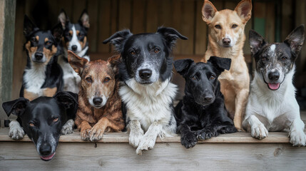 A group of nine dogs of various breeds posing together on a wooden platform.