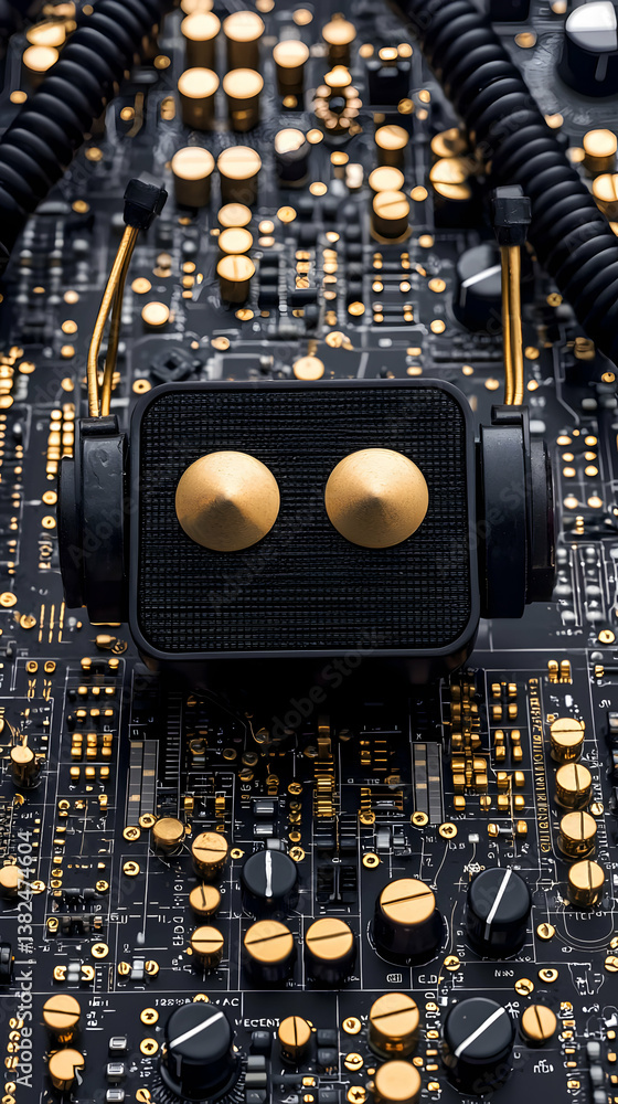 Poster closeup of black and gold circuit board with a small robot component