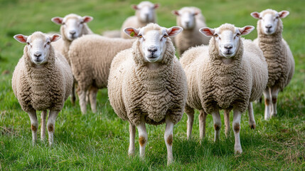 A group of sheep standing in a grassy field, looking directly at the camera.