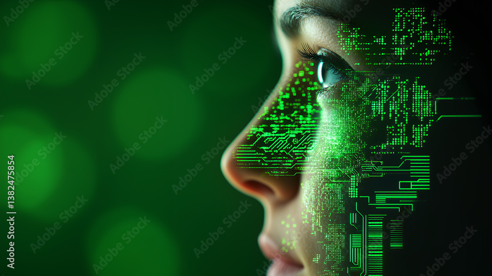 Poster image features close up of human face with digital circuit pattern overlay, symbolizing fusion of te