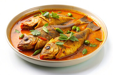 fried fish curry with tomatoes and vegetables on a plate