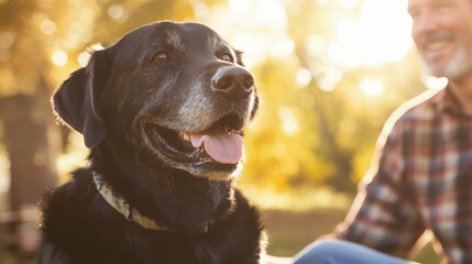 A happy black dog sits beside a smiling man in a sunlit outdoor setting.