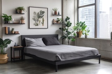 Modern bedroom interior featuring a bed and lush green plants