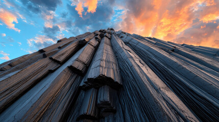 Extinct Volcano Heritage Theme, Majestic basalt columns rise against vibrant sunset sky, showcasing nature artistry