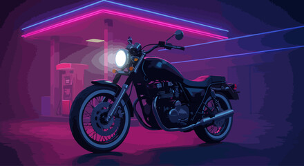 Car gas station in retro style. Classic motorcycle with gas station. Vector illustration, EPS 10 version.