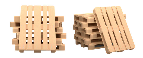 Set of wooden pallet for warehouse cargo storage isolated on white background. 3d render of tray for cargo loading and transportation, freight delivery, warehousing service equipment