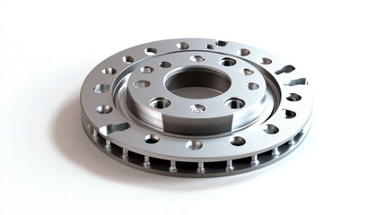 Mechanical Marvel: A detailed view of a modern, silver brake disc, showcasing its intricate design, radial vents, and bolt holes, ready for action. 