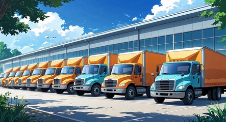 Delivery trucks lined up outside a large logistics center anime cartoon style illustration artwork design background
