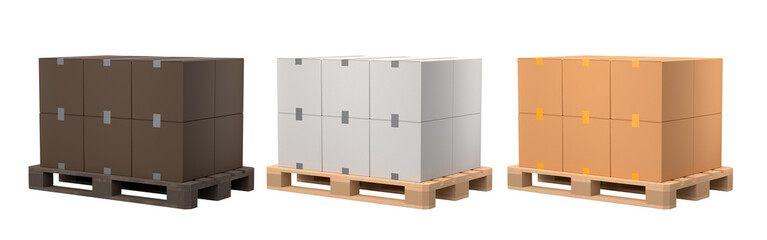 Set of wooden pallet for warehouse cargo storage with cardboard boxes on white background. 3d render of tray for cargo loading and transportation, freight delivery, warehousing service equipment