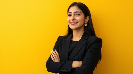 Confident Indian woman in formal black blazer posing against yellow background generative ai