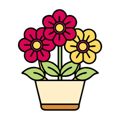 Fototapeta premium Potted Flowers Three Blooming Flowers in a Pot, Yellow and Pink
