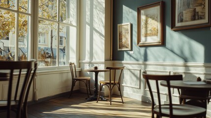 Obraz premium Sunny cafe interior with art and window views
