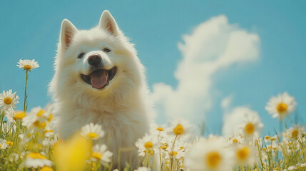 A happy dog sitting in a field of flowers under a bright blue sky.