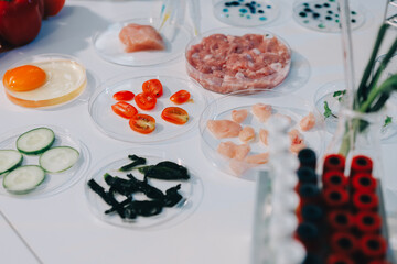 Team Asian scientists in a lab conducting food research using a microscope and lab equipment, showcasing innovation in food science and biotechnology