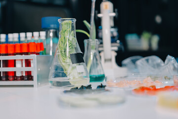 Team Asian scientists in a lab conducting food research using a microscope and lab equipment, showcasing innovation in food science and biotechnology