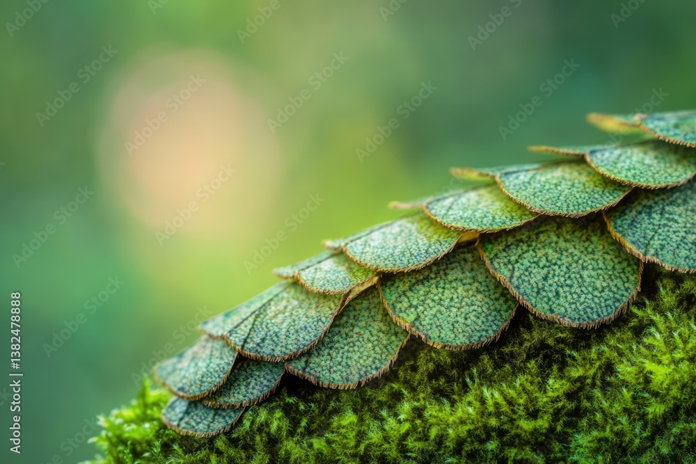 Poster intricate overlapping green leaves resembling scales on moss, creating a natural, textured pattern.