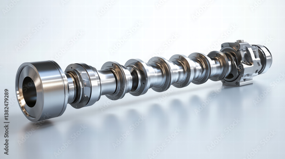 Poster precision engineering: a close-up view of a meticulously crafted camshaft, its complex design and me