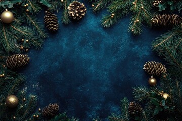 Obraz premium Dark blue surface decorated with gold Christmas ornaments, pine boughs, and pinecones
