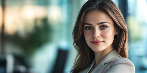 Obraz premium A beautiful CEO confidently sitting in her office with a powerful eye contact, exuding leadership and professional charisma