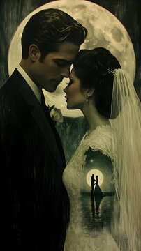 Couple embracing under a large moon another pair is visible in a smaller moon on brides dress Dramatic romantic art