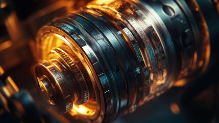Obraz premium Intricate Machinery Components: A captivating close-up of industrial equipment reveals the intricate details of gears and mechanical components.