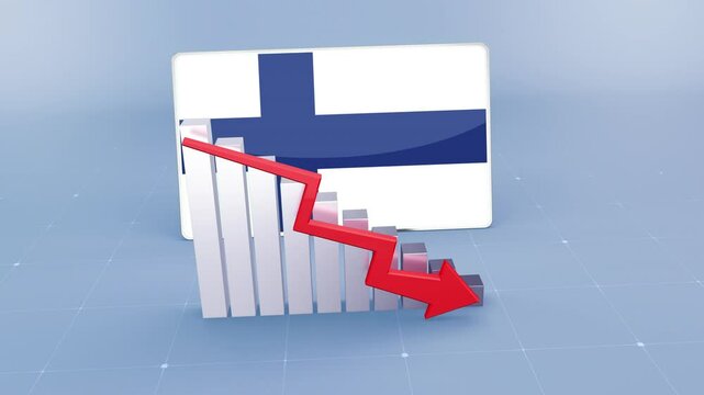 Finland Country Flag and Bar Chart Graph Showing Decreasing Values a Red Arrow Economic Crisis Concept. Flag of the Finland