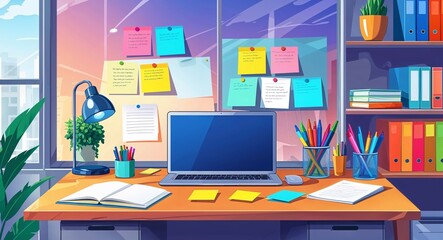 Fototapeta premium Creative office desk with colored markers post it notes and a laptop anime cartoon style illustration artwork design background