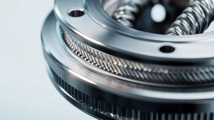 Naklejka premium Precision Engineering Close-up: A macro shot focuses on intricate details of a metallic gear, showcasing the sophisticated precision and craftsmanship of mechanical components.