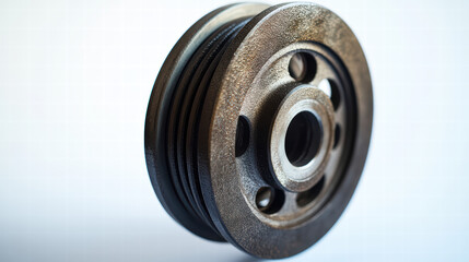 Obraz premium Industrial Pulley in Detail: A close-up studio shot of a sturdy industrial pulley, showcasing its robust metal construction and intricate design with clear visual texture