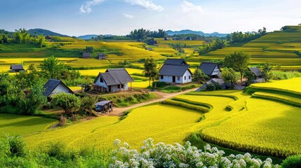 Obraz premium Golden Rice Terraces & Village Houses - Aerial Views