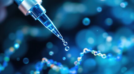 A close-up of a blue fountain pen capturing droplets of water against a shimmering, blurred background.