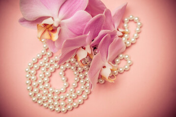 Pearl necklace and Purple orchid on pink background
