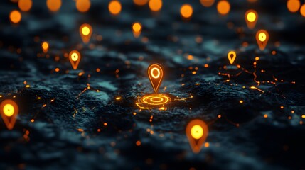 Abstract futuristic map with glowing location pins, blue neon lights on a dark background. Digital technology concept. Abstract stock photo and web banner design element.