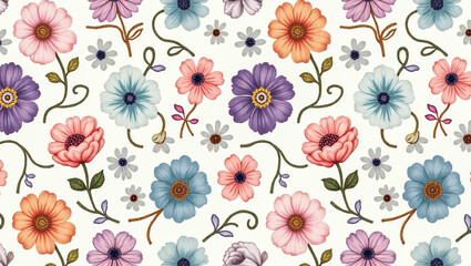 A tapestry of floral beauty, featuring a vibrant and seamless pattern of diverse flowers across a delicate canvas, evoking feelings of freshness and natural elegance.