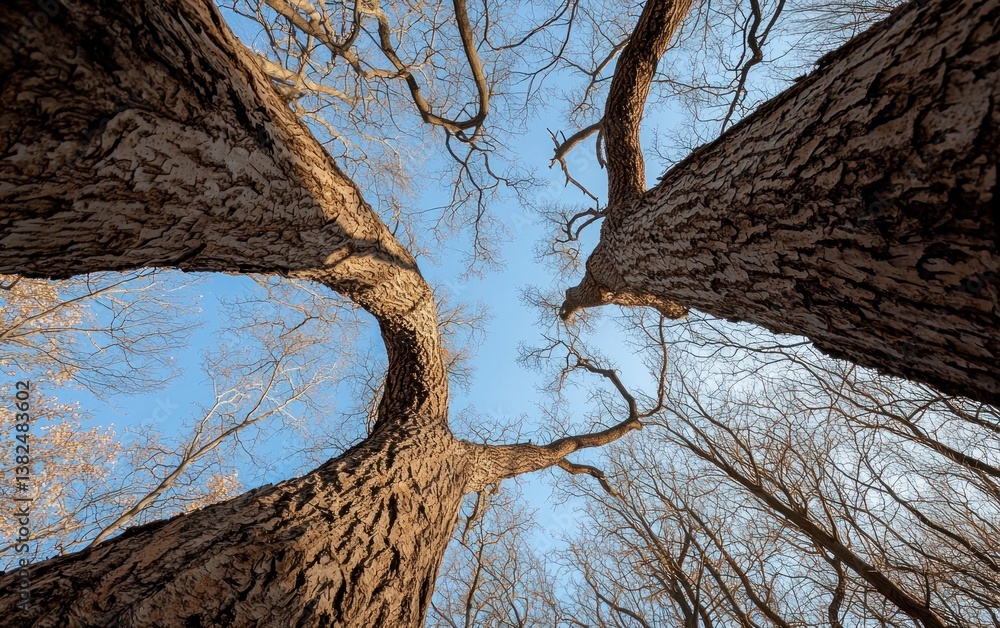 Poster low angle view of two large tree trunks against a