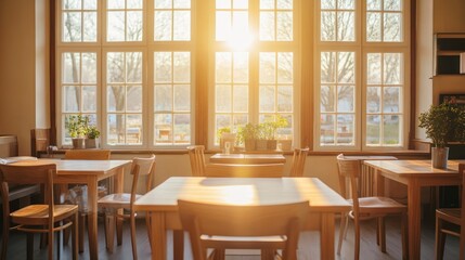 Sunny classroom interior, sunlight through windows. Possible use Educational, corporate, home study