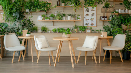 cozy interior featuring modern wooden tables and chairs surrounded by lush greenery, creating serene atmosphere perfect for relaxation or socializing