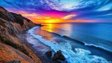 Obraz premium Vibrant Sunset Ocean Coastline Cliffs - Vibrant colors