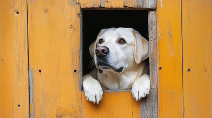 A Labrador retriever peeks through a wooden window, looking curious and attentive.